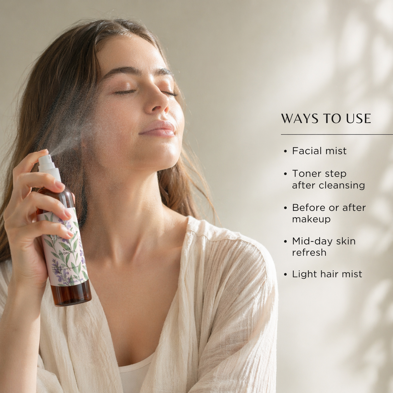 Sage Water Face Mist Spray 250 mL (8.4 fl oz) – Herbal Hydrosol for Face & Hair, Lightweight Daily Mist