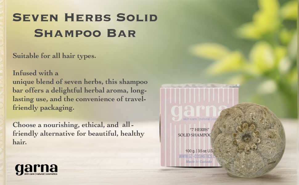 Garna Seven Herbs Solid Shampoo Bar, 100g/3.5 oz, All Hair Types, Nourishing & Plant-Based