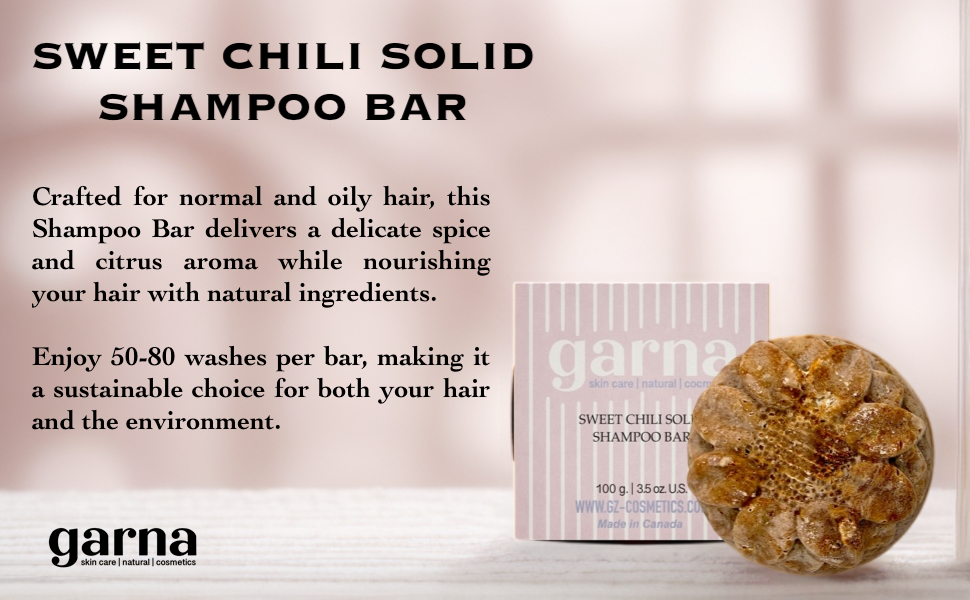 Garna Sweet Chili Solid Shampoo Bar - 100g/3.5 oz, Normal & Oily Hair, 50+ Washes