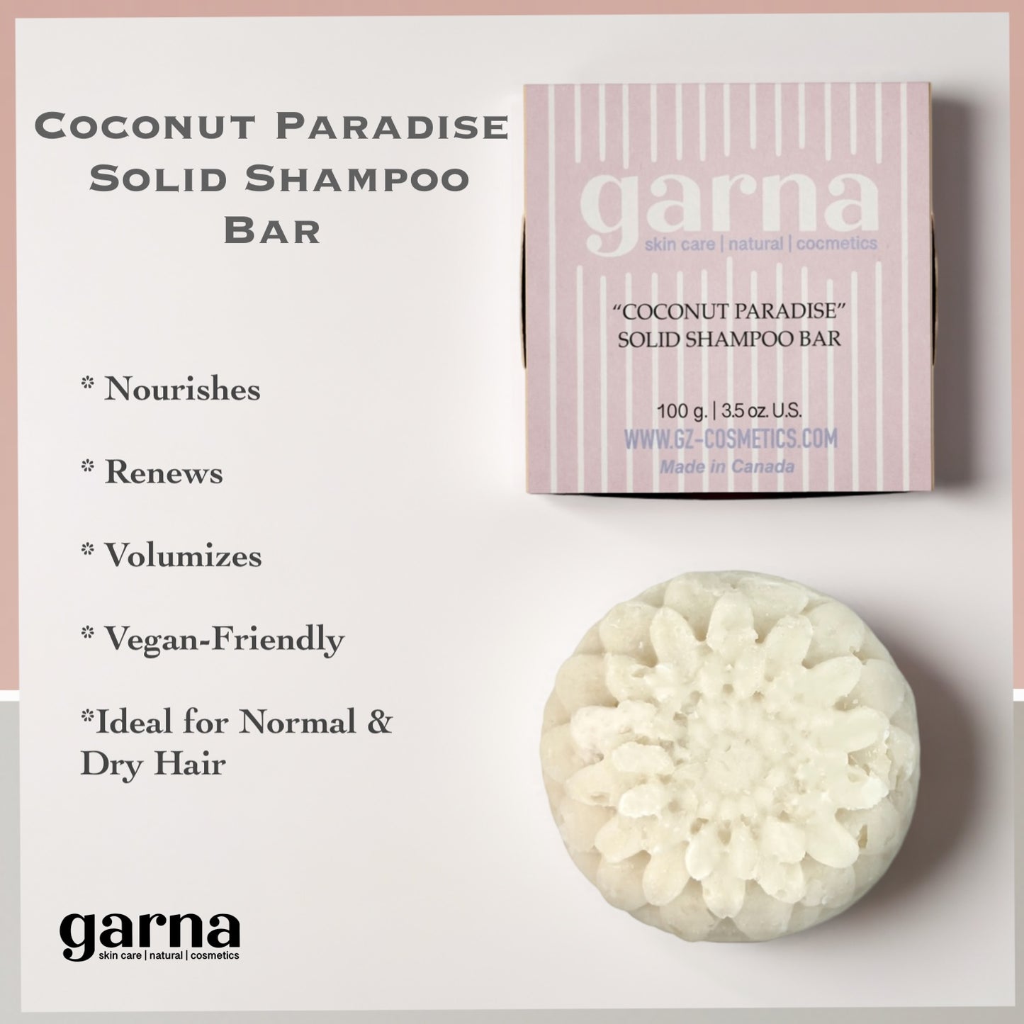 Coconut Paradise Shampoing Solide Lissant Garna 100g | Soins capillaires végétaliens et à base de plantes | Idéal pour les cheveux normaux et secs | Choix écologique