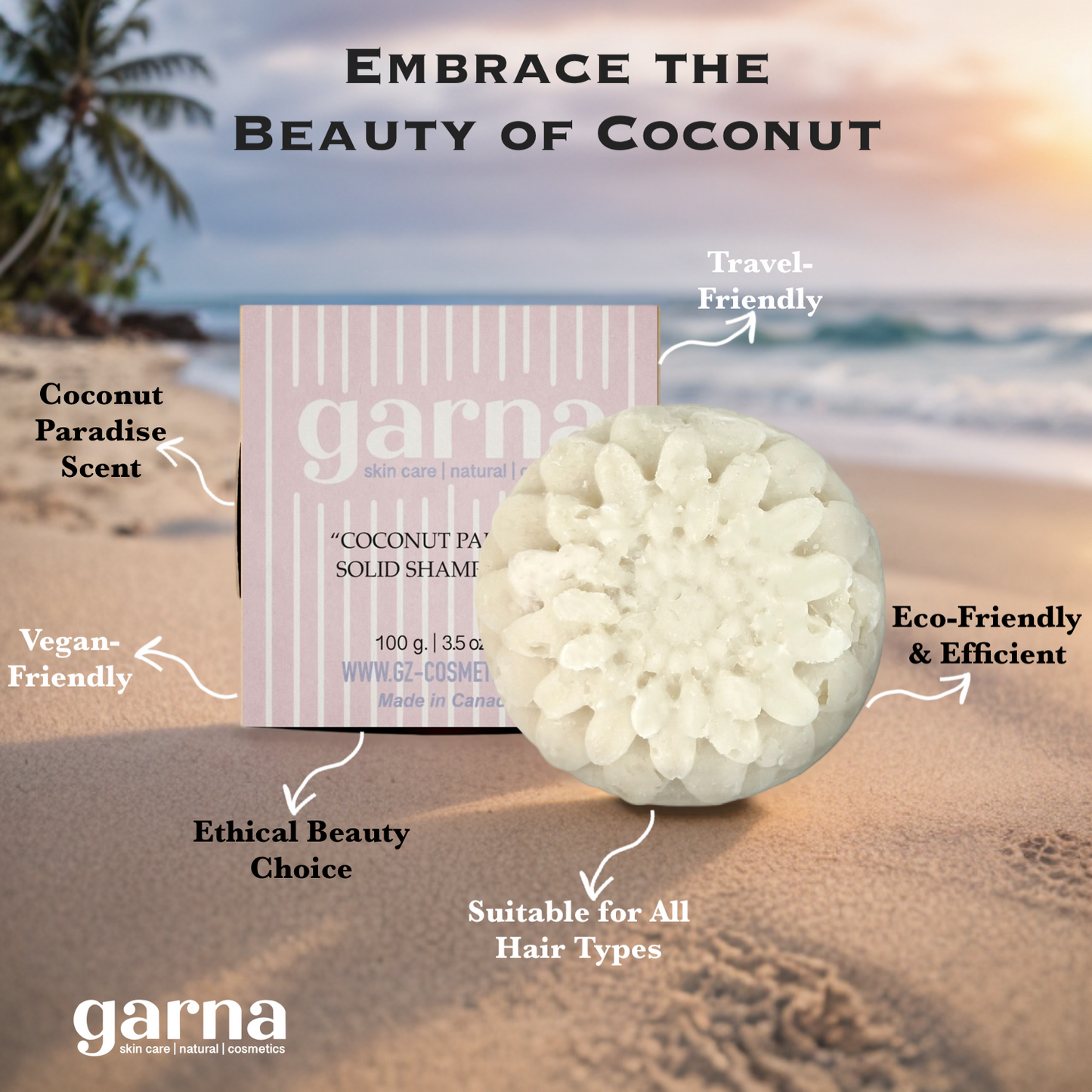 Garna Coconut Paradise Solid Shampoo Bar 100g/3.5 oz, Moisturizing, for All Hair Types