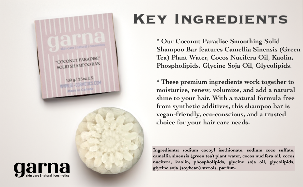 Garna Coconut Paradise Solid Shampoo Bar 100g/3.5 oz, Moisturizing, for All Hair Types