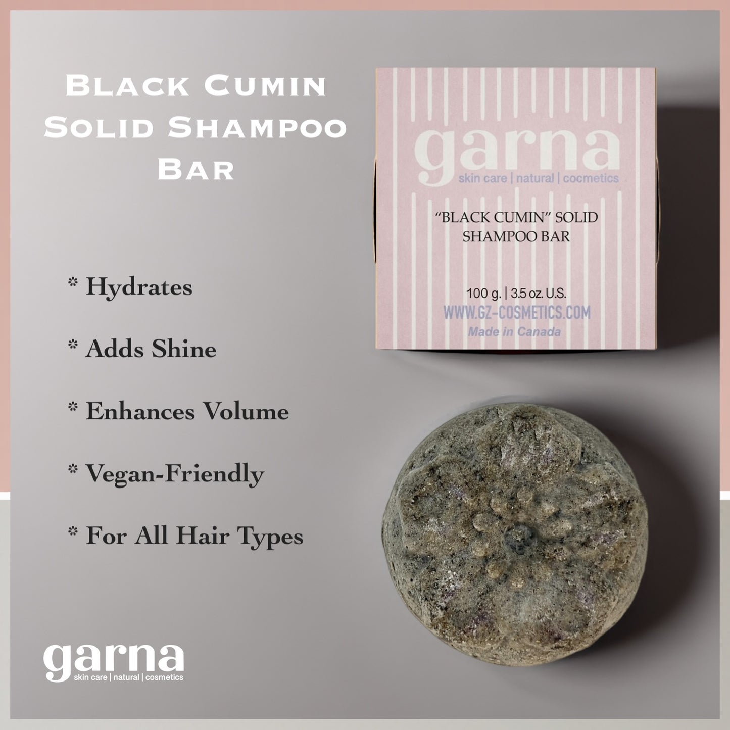 Garna Black Cumin Solid Shampoo Bar - 100g/3.5 oz, Natural, Vegan, Eco-Friendly, 50+ Washes