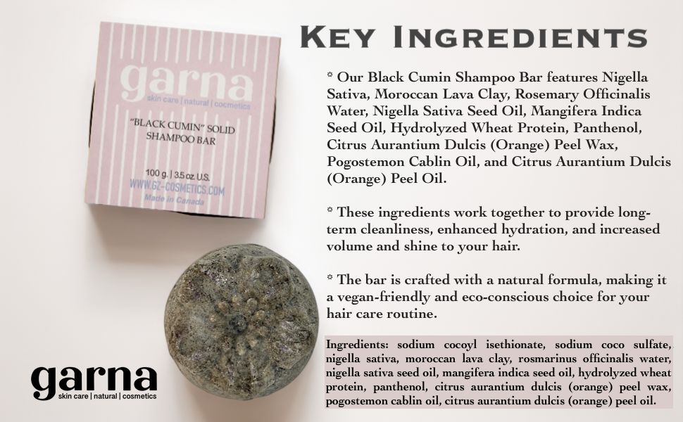 Garna Black Cumin Solid Shampoo Bar - 100g/3.5 oz, Natural, Vegan, Eco-Friendly, 50+ Washes