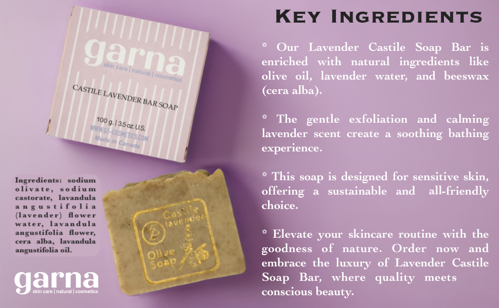 Garna Lavender Castile Soap Bar 3.5 oz: Handcrafted Pure Gentle Exfoliation & Nourishment