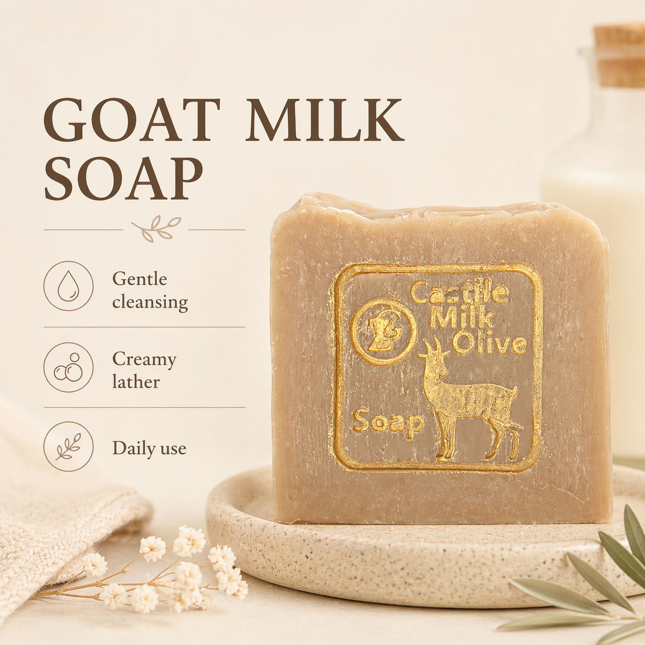 Goat Milk Soap by Garna – Castile-style handmade soap with a fresh, clean