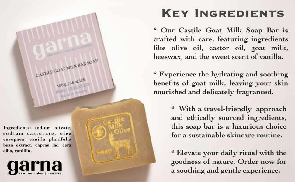 Garna Castile Goat Milk Soap Bar 3.5 oz: Men’s and Women’s Soap, Sulfate-Free Body Cleanser