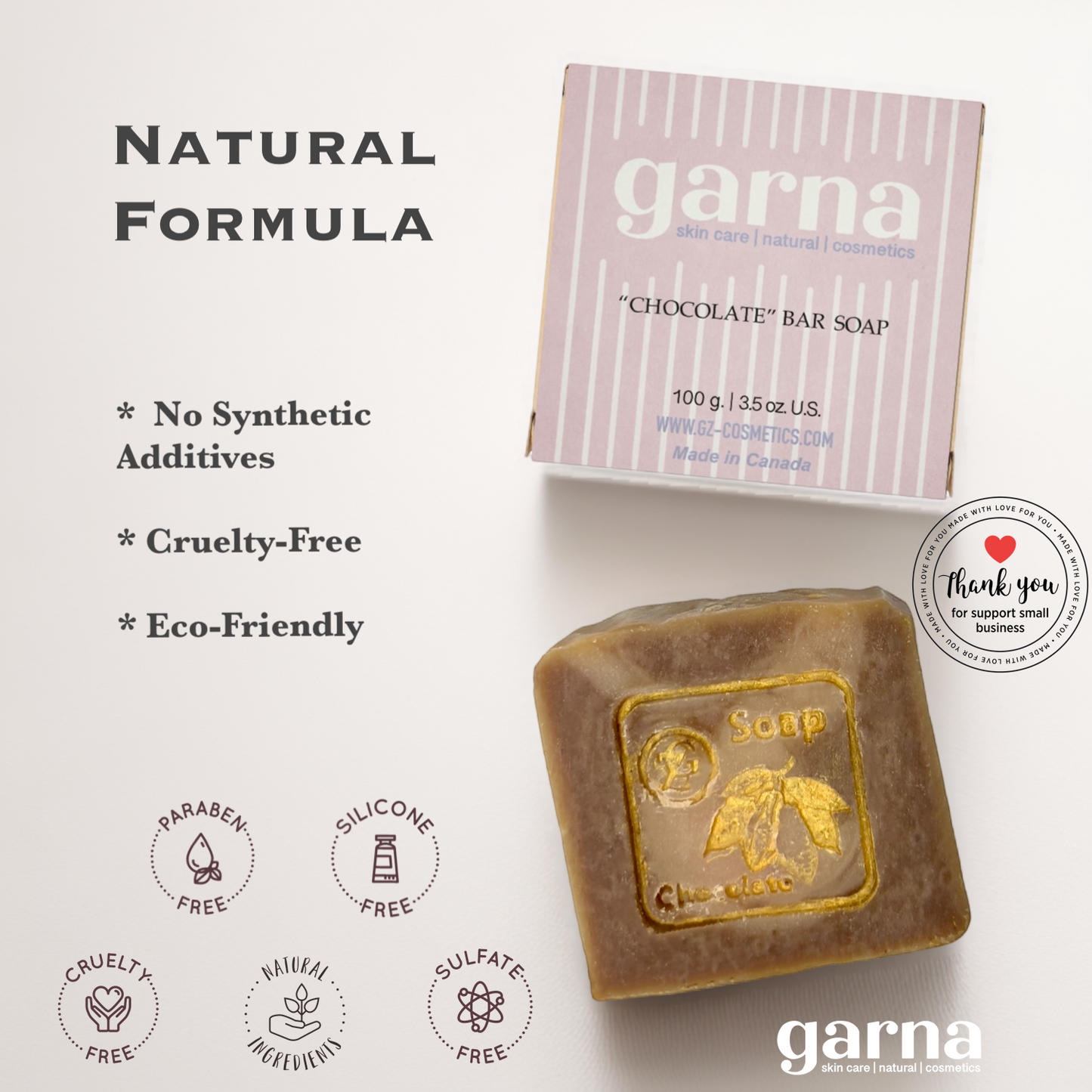 Garna Chocolate Scented Soap Bar 3.5 oz Moisturizing and Gentle Formula