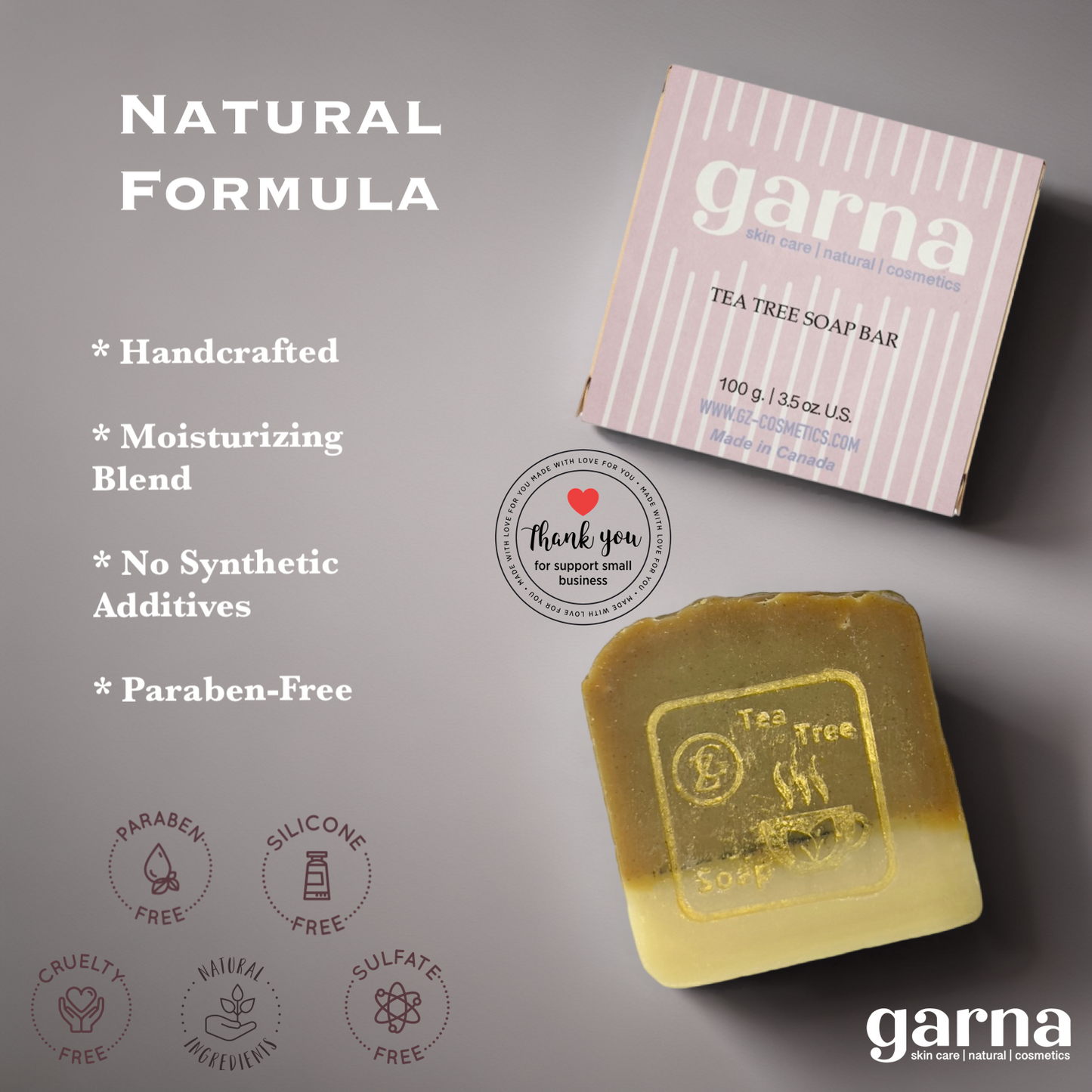 Garna Tea Tree Soap Bar 3.5 oz Body Wash Cleanser, All Skin Types, Ideal for Oily Skin, Handcrafted with Premium Essential Oils