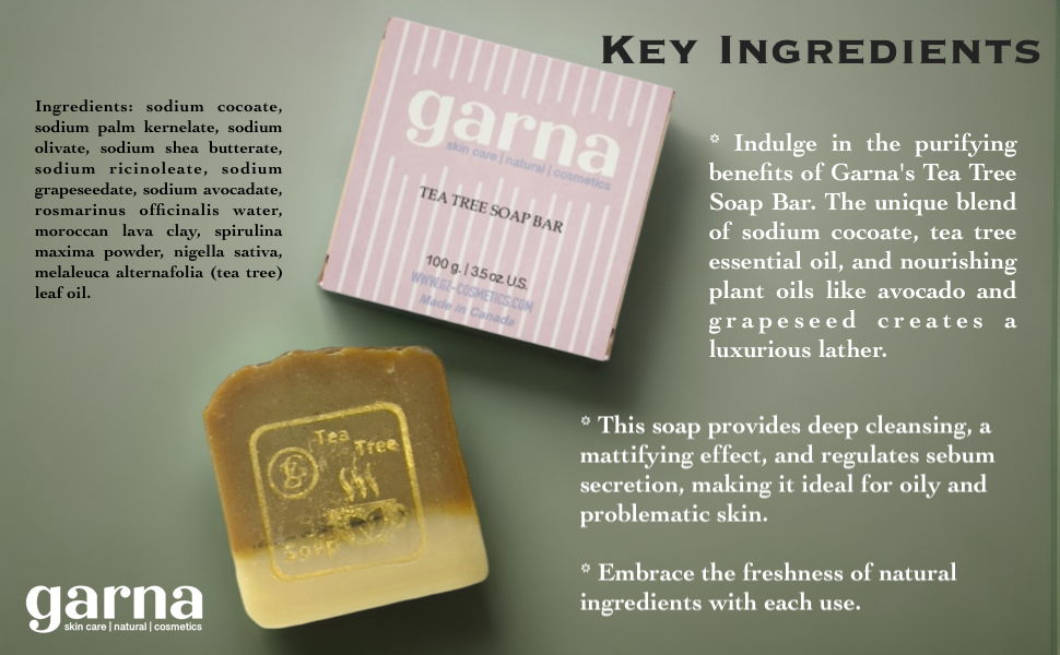 Garna Tea Tree Soap Bar 3.5 oz Body Wash Cleanser, All Skin Types, Ideal for Oily Skin, Handcrafted with Premium Essential Oils