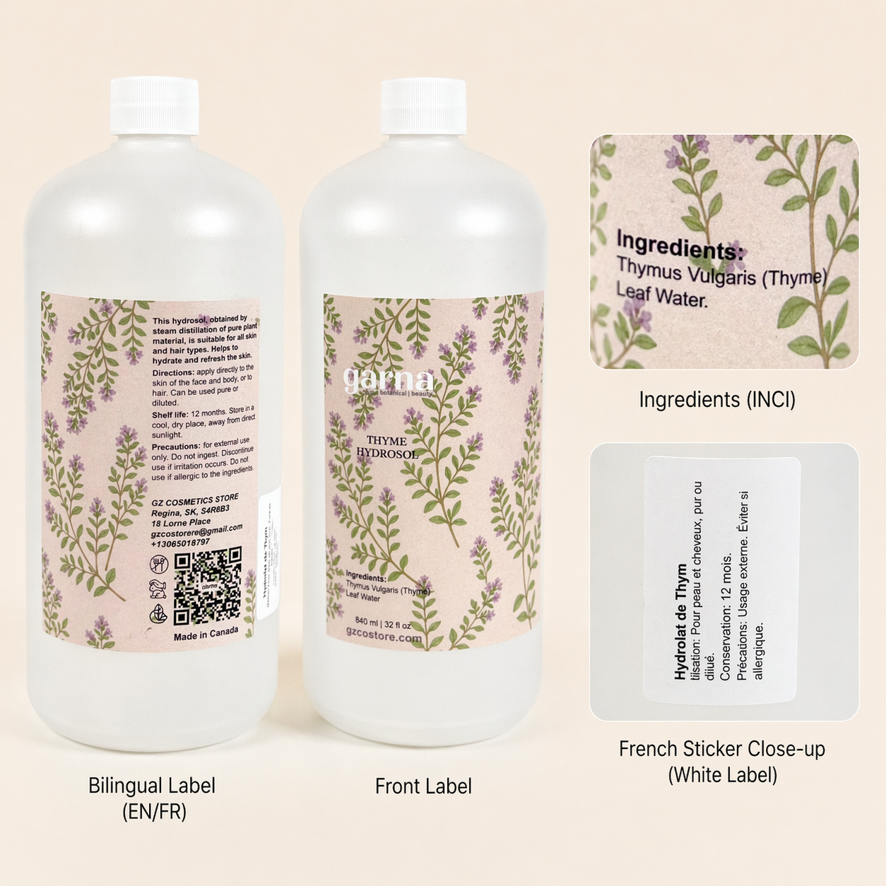 Hydrolat de thym de Garna – Eau botanique de 946 ml (32 oz) dans une simple bouteille