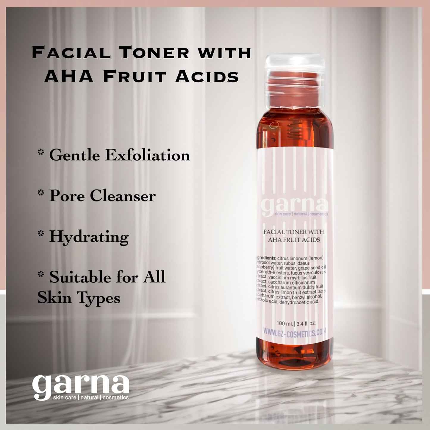 Garna 100 ml de tonique pour le visage sans alcool aux fruits AHA | Exfoliant doux, nettoyant pour pores, hydratant | Tous types de peau