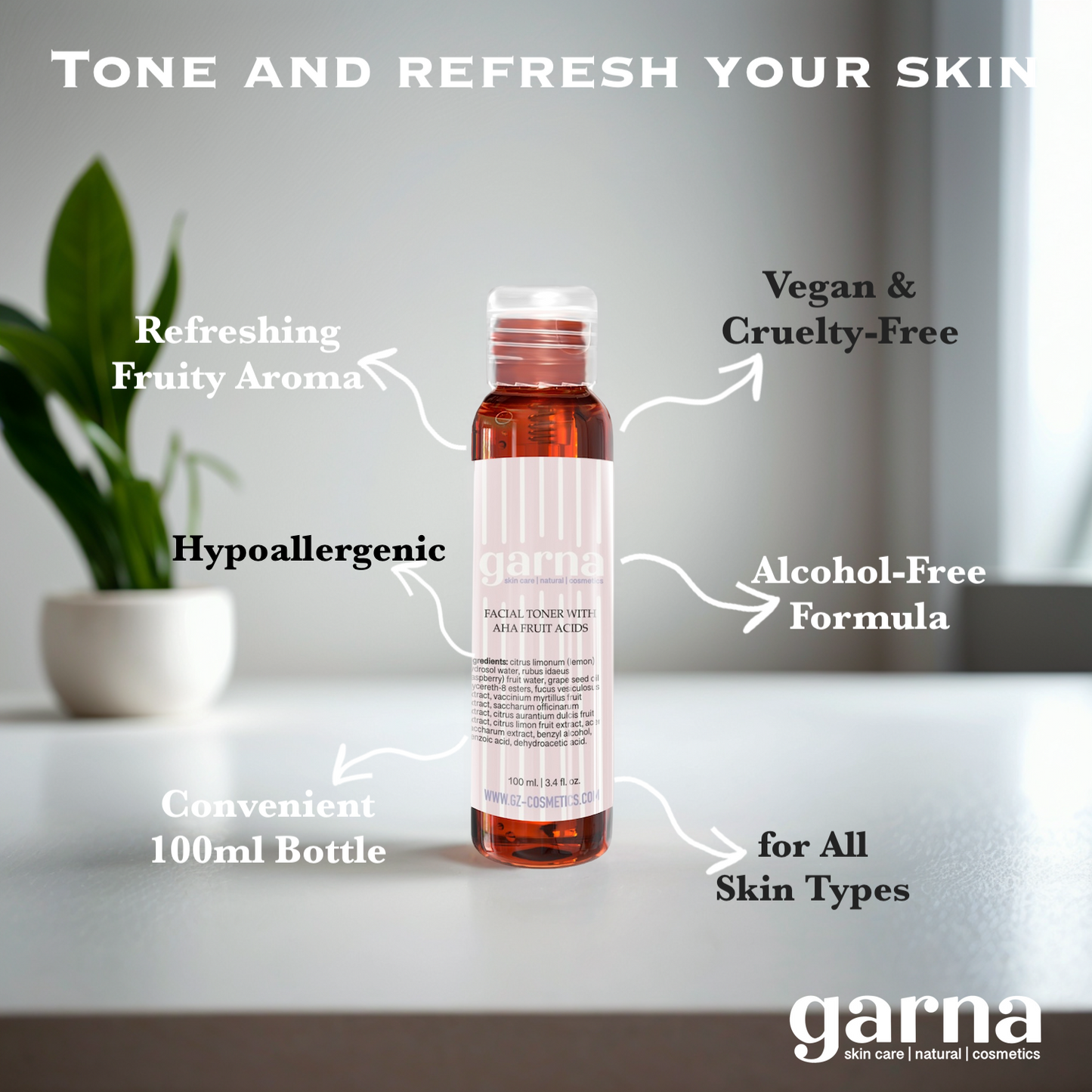 Garna AHA Face Toner 3.4 fl oz: Gentle Hydrating Solution for Glowing Skin